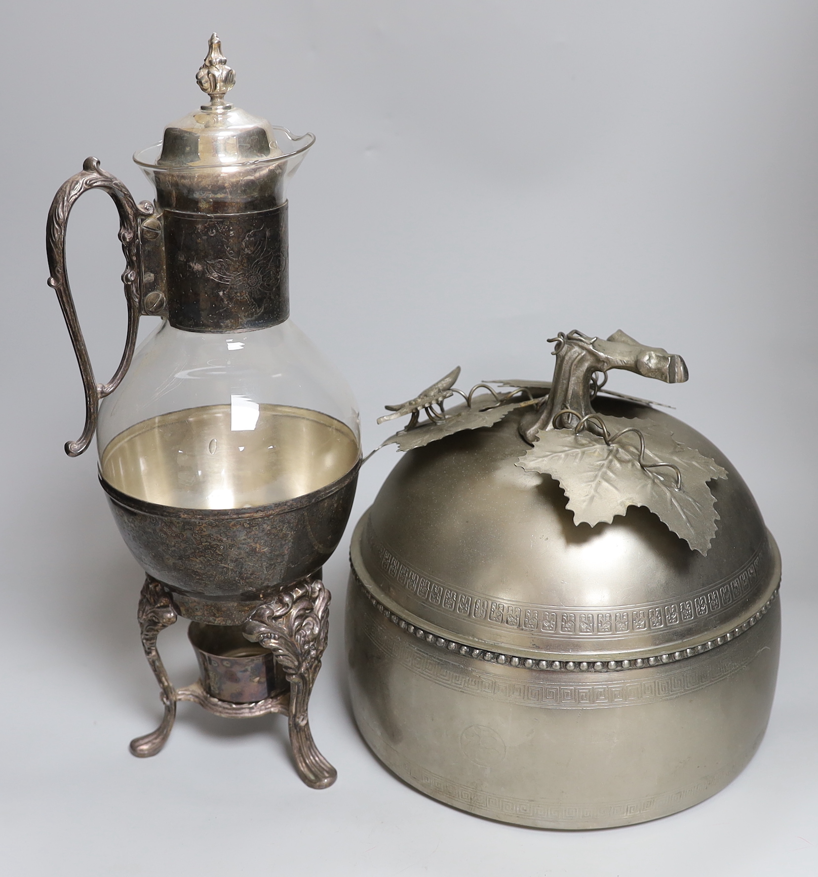 A claret jug (brandy warmer) with stand and burner and a Chinese fruit box, tallest 40cm